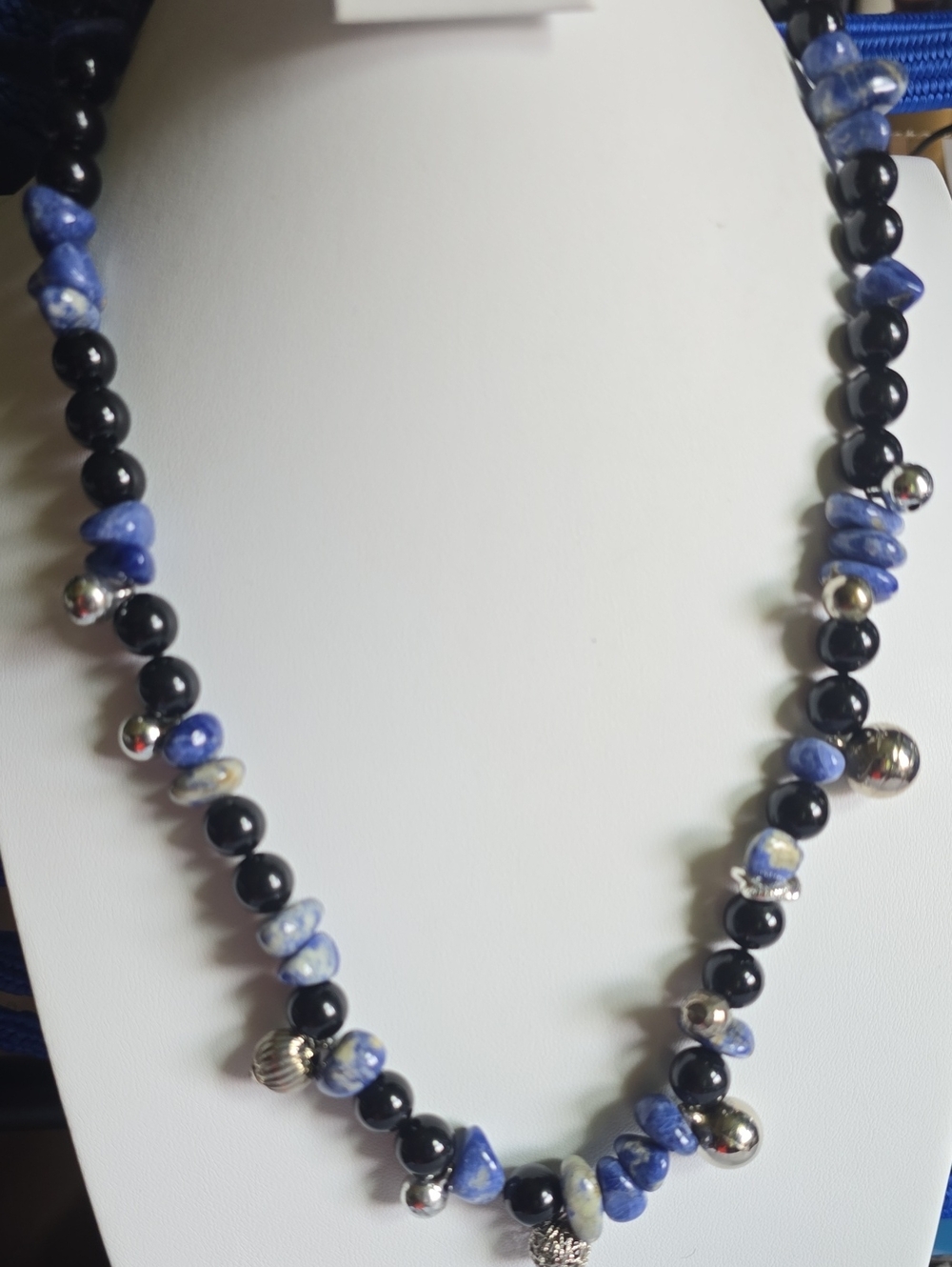 Blue and Black Beaded Necklace with Silver Accents